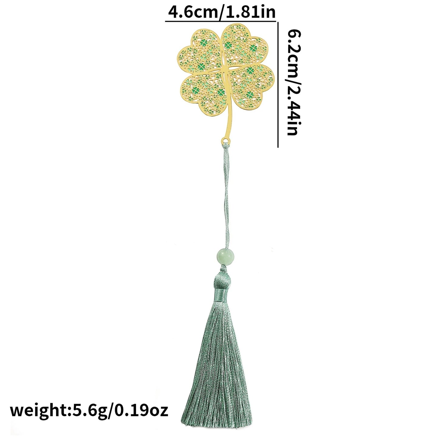 Clairly clover design brass enamel bookmark with green tassel and bead, featuring intricate hollow-out detailing.