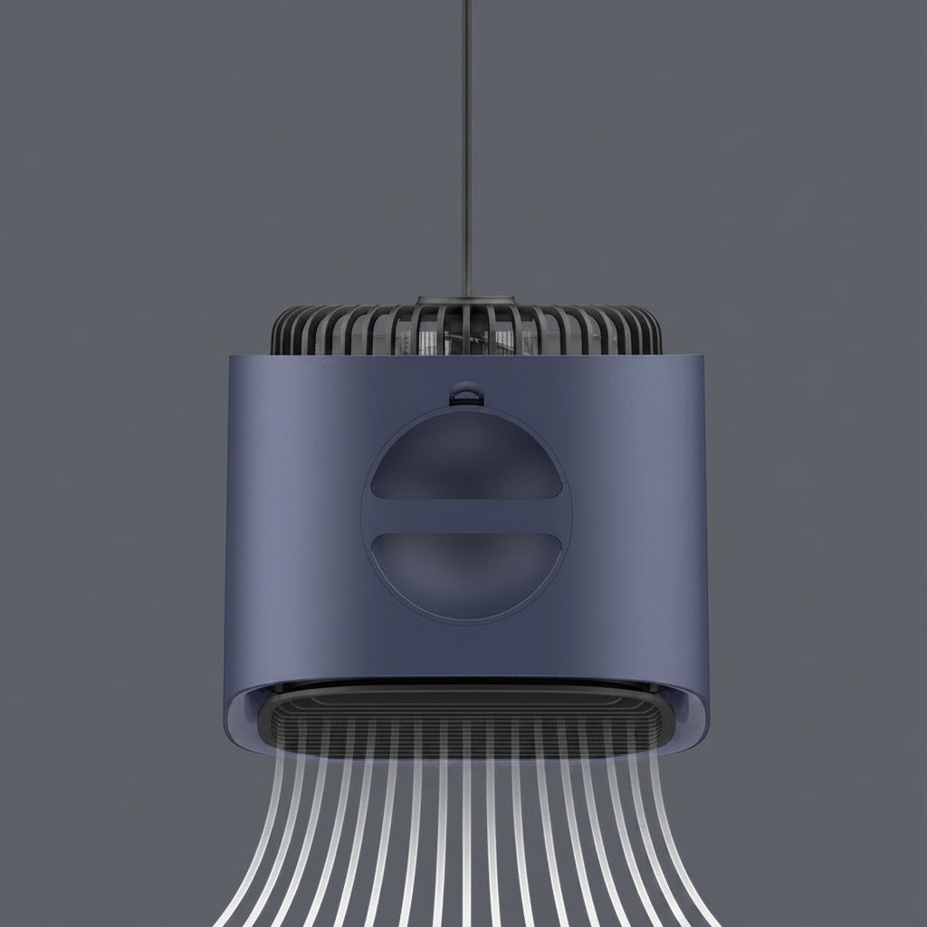 Clairly compact navy blue desktop cooling fan with a modern minimalist design and quiet airflow