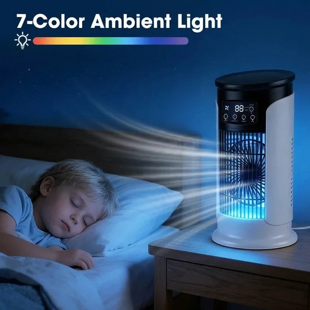 Clairly compact tower fan on a nightstand with 7-color ambient light, cooling a child sleeping in a bedroom at night.