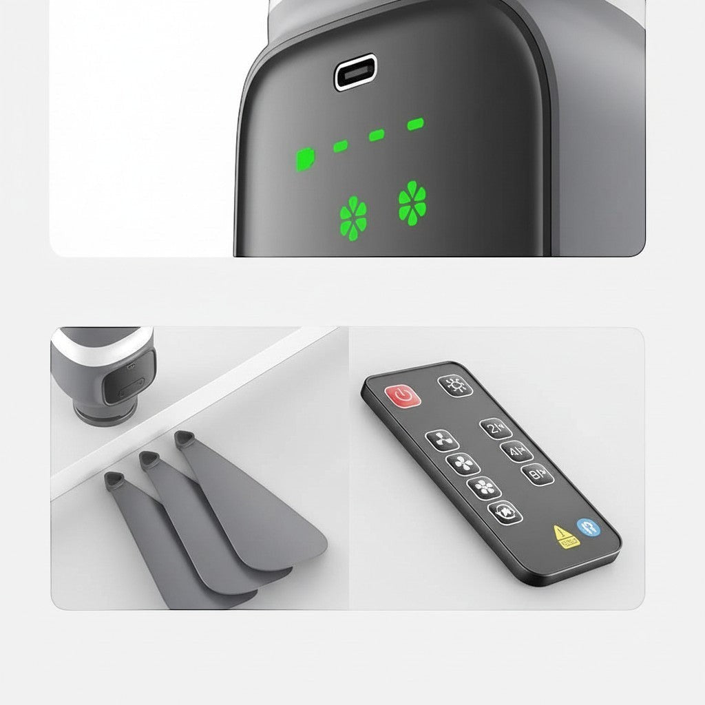Clairly portable ceiling fan showing USB-C charging port, detachable grey blades, and remote control interface.