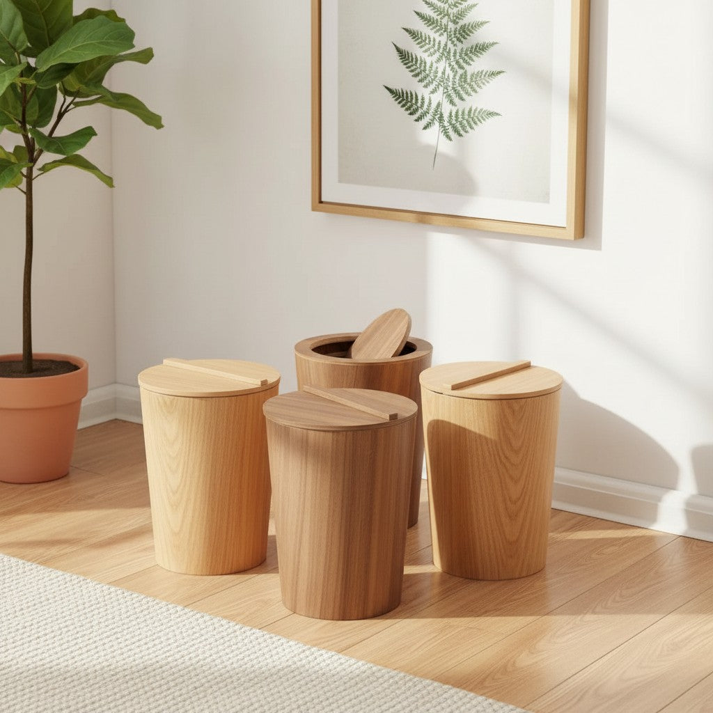 Clairly wooden swing lid trash cans in various natural wood tones arranged on a light wood floor in a bright room.
