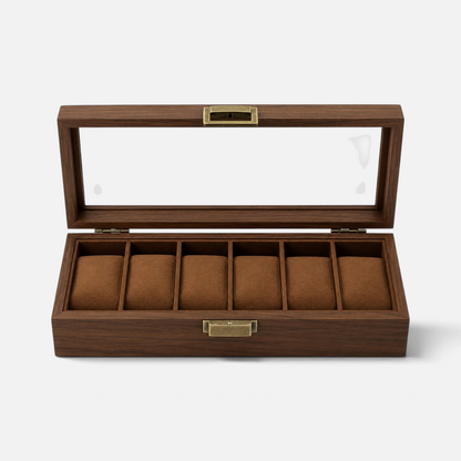 Clairly Thornbury 6-slot watch box in dark walnut wood with a glass lid and brass-toned hardware