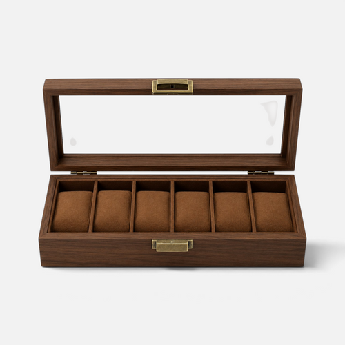 Clairly Thornbury 6-slot watch box in dark walnut wood with a glass lid and brass-toned hardware