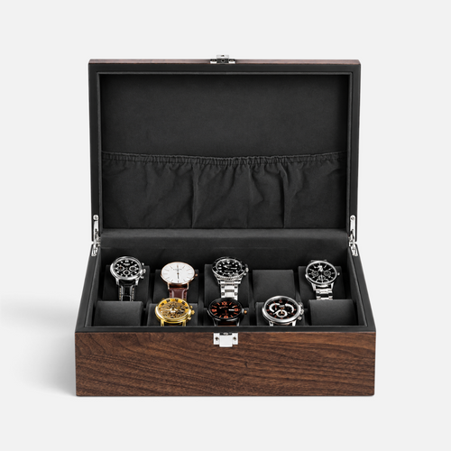 Clairly Harrington 10-slot watch box in premium walnut wood with a soft velvet interior and secure metal clasp.