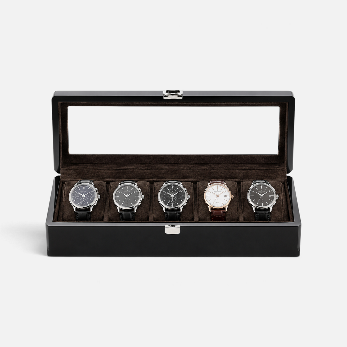 Clairly Ellington 6-slot watch box with black leatherette exterior, glass lid, and dark suede interior holding watches.