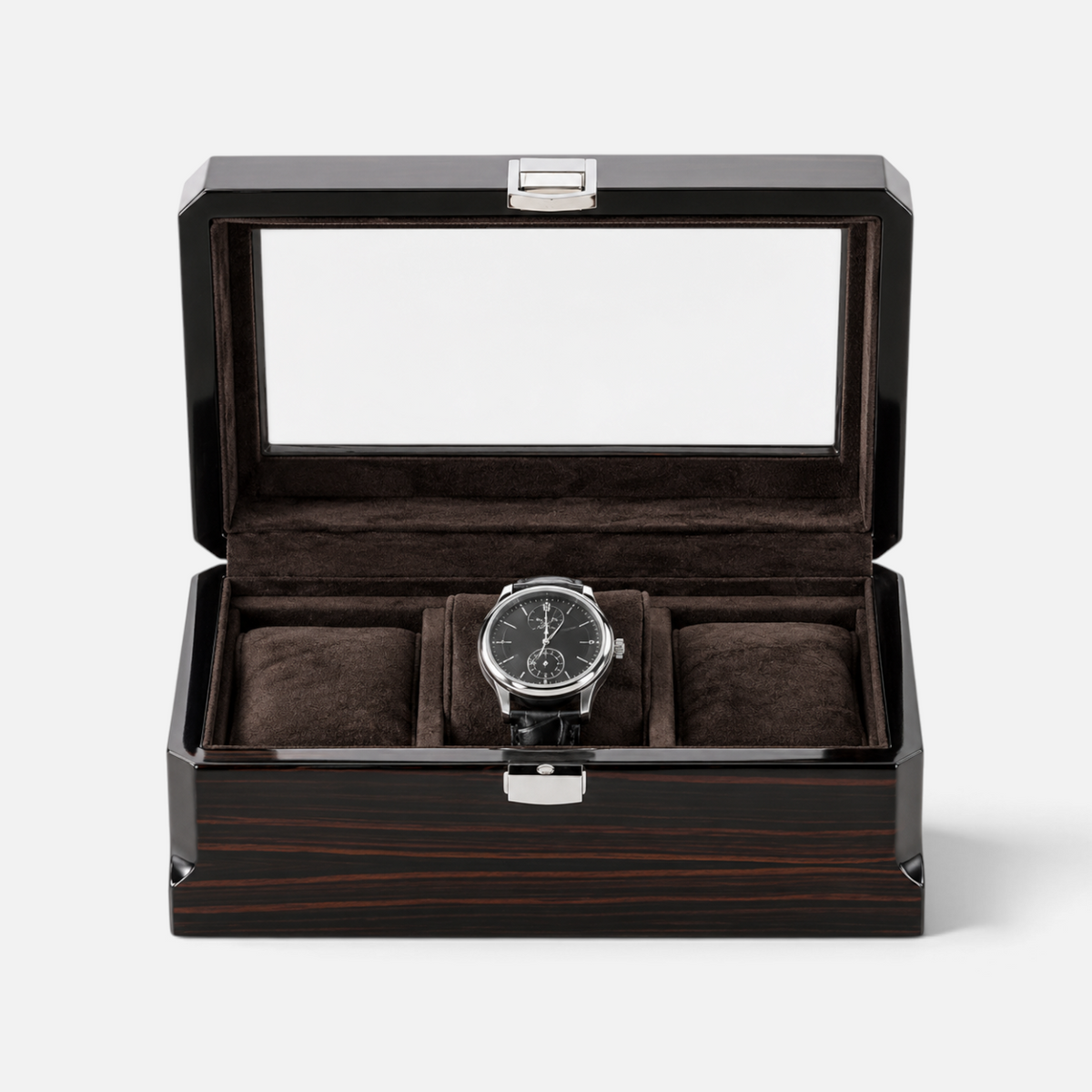 Clairly Sable 3-slot watch box in ebony wood with a glass lid and dark brown linen interior holding a luxury watch.