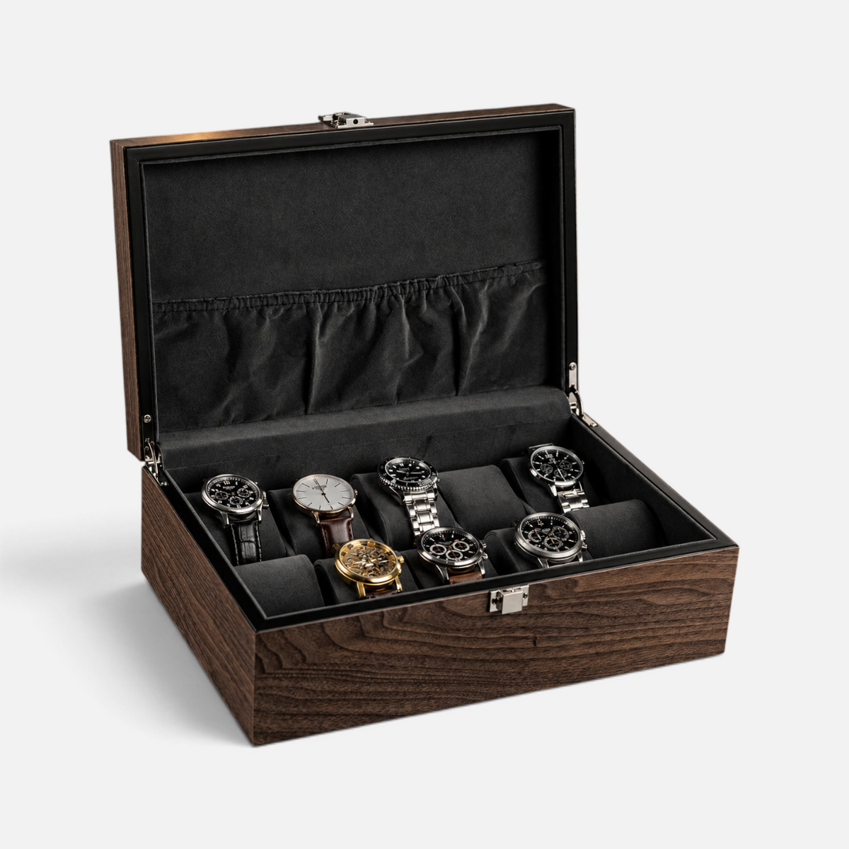 Clairly Harrington 10-slot watch box in premium walnut wood with soft black velvet lining and secure metal clasp