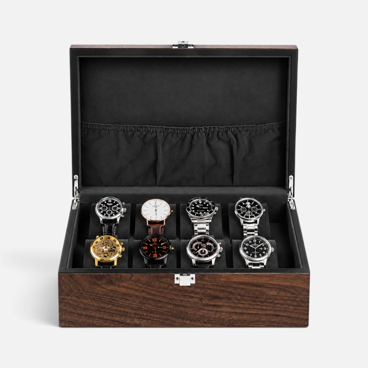 Clairly Sovereign 8-slot watch box in walnut wood with a transparent lid and black velvet-lined interior.