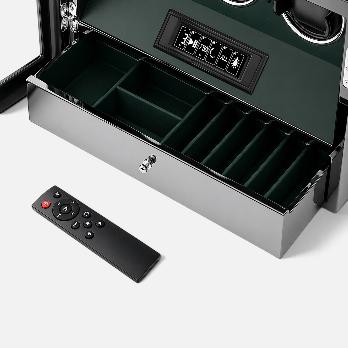 Clairly Wellington 9-slot watch winder with green velvet interior, LCD control panel, and included remote control.