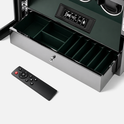 Clairly Wellington 9-slot watch winder with green velvet interior, LCD control panel, and included remote control.