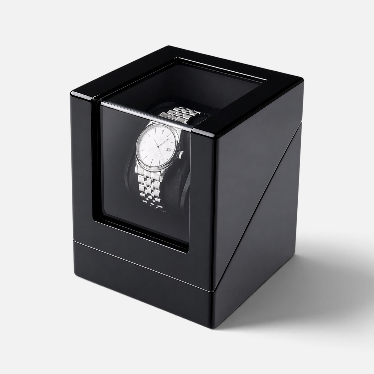 Clairly Onyx 1-slot automatic watch winder in a sleek black finish with a glass display window on a white background