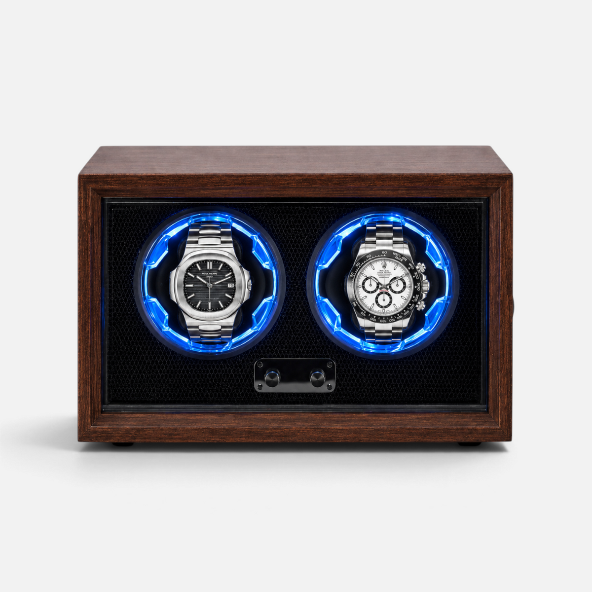 Clairly Aurora 2-slot watch winder in natural wood with blue LED ring lighting holding two luxury automatic watches
