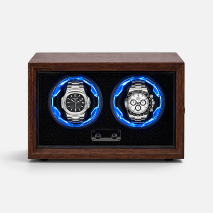 Clairly Aurora 2-slot watch winder in natural wood with blue LED ring lighting holding two luxury automatic watches
