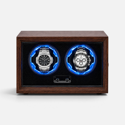 Clairly Aurora 2-slot watch winder in natural wood with blue LED ring lighting holding two luxury automatic watches