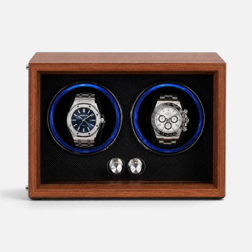 Clairly Radcliffe 2-slot automatic watch winder in walnut wood with blue LED lighting and glass front display