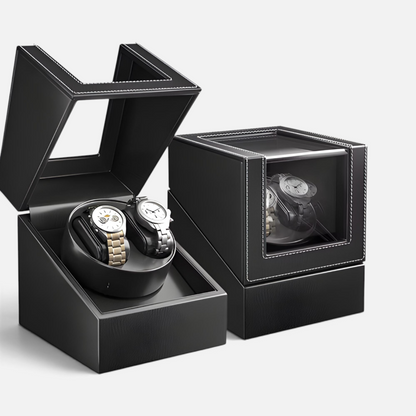 Clairly Portman 2-slot watch winder in black with white stitching, featuring two automatic watches and glass lids.