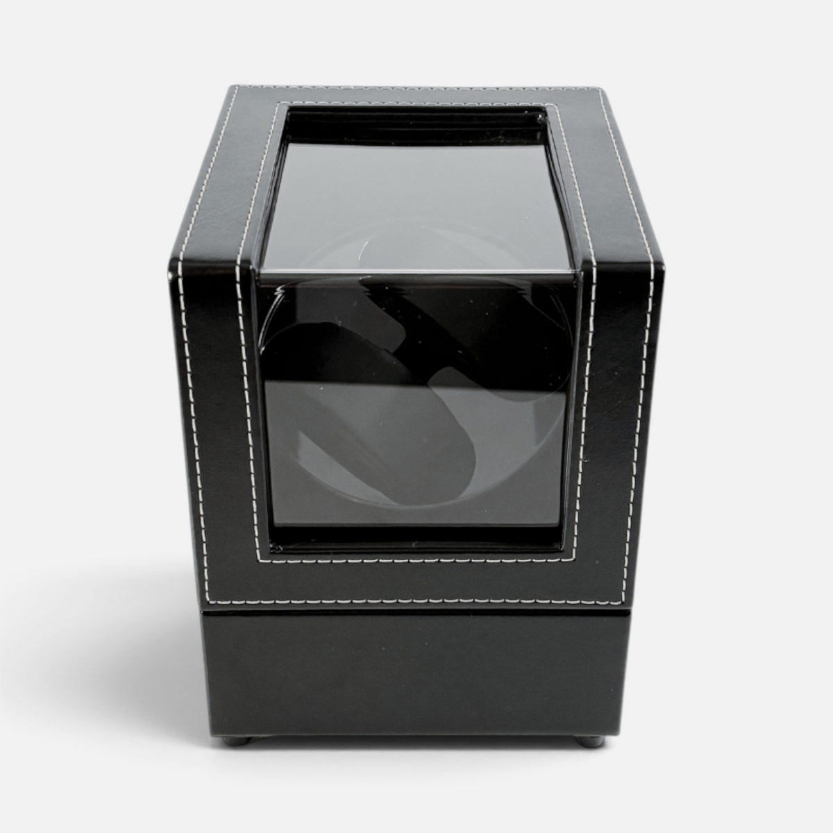 Clairly Portman 2-slot automatic watch winder in black leather with white contrast stitching and a glass display lid.