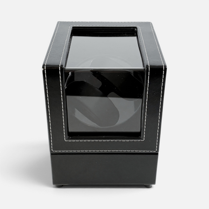 Clairly Portman 2-slot automatic watch winder in black leather with white contrast stitching and a glass display lid.
