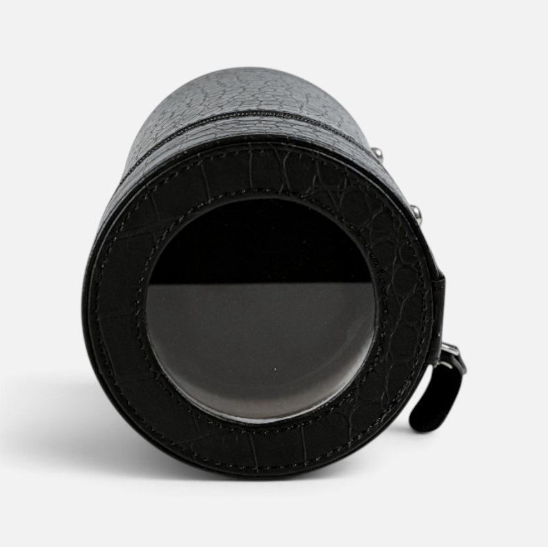 Clairly Voyager 1-slot watch winder in black croc-print leather with a circular viewing window