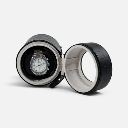 Clairly Voyager 1-slot watch winder in black croc-print leather with a soft grey suede interior and viewing window.