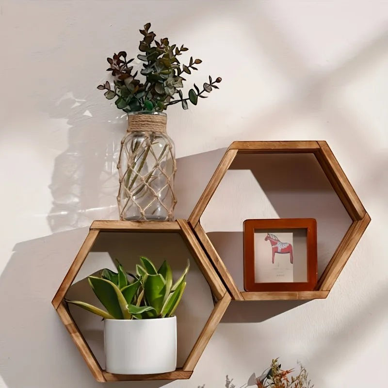 Wall Shelf | Hexagon Floating Wood Shelves