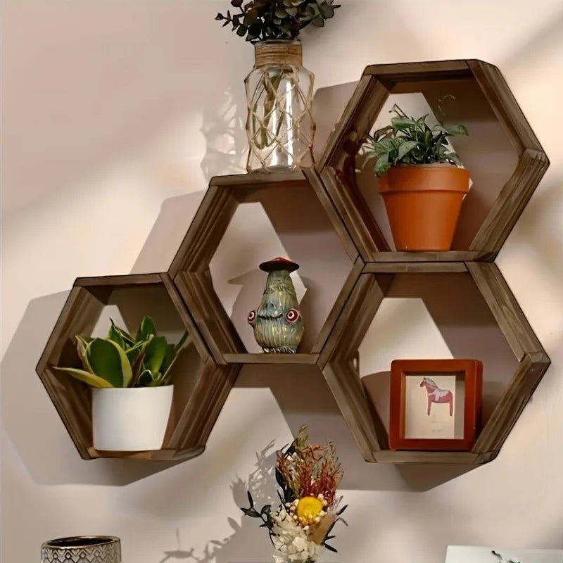 Wall Shelf | Hexagon Floating Wood Shelves