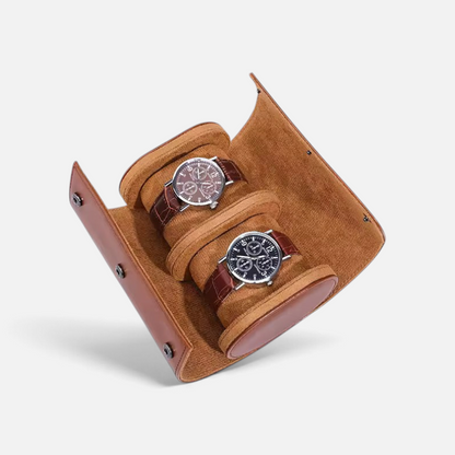 Clairly Rowan 2-slot travel watch box in brown leather with soft velvet lining holding two luxury wristwatches.