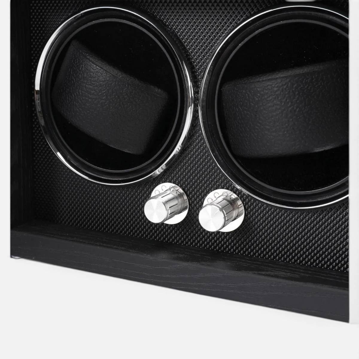 Clairly Sinclair 2-slot watch winder with carbon fibre-effect finish, chrome control knobs, and black watch holders.