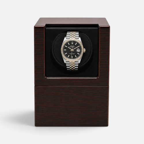 Clairly Marlow single slot watch winder in dark wood with a glass display housing a two-tone automatic wristwatch.