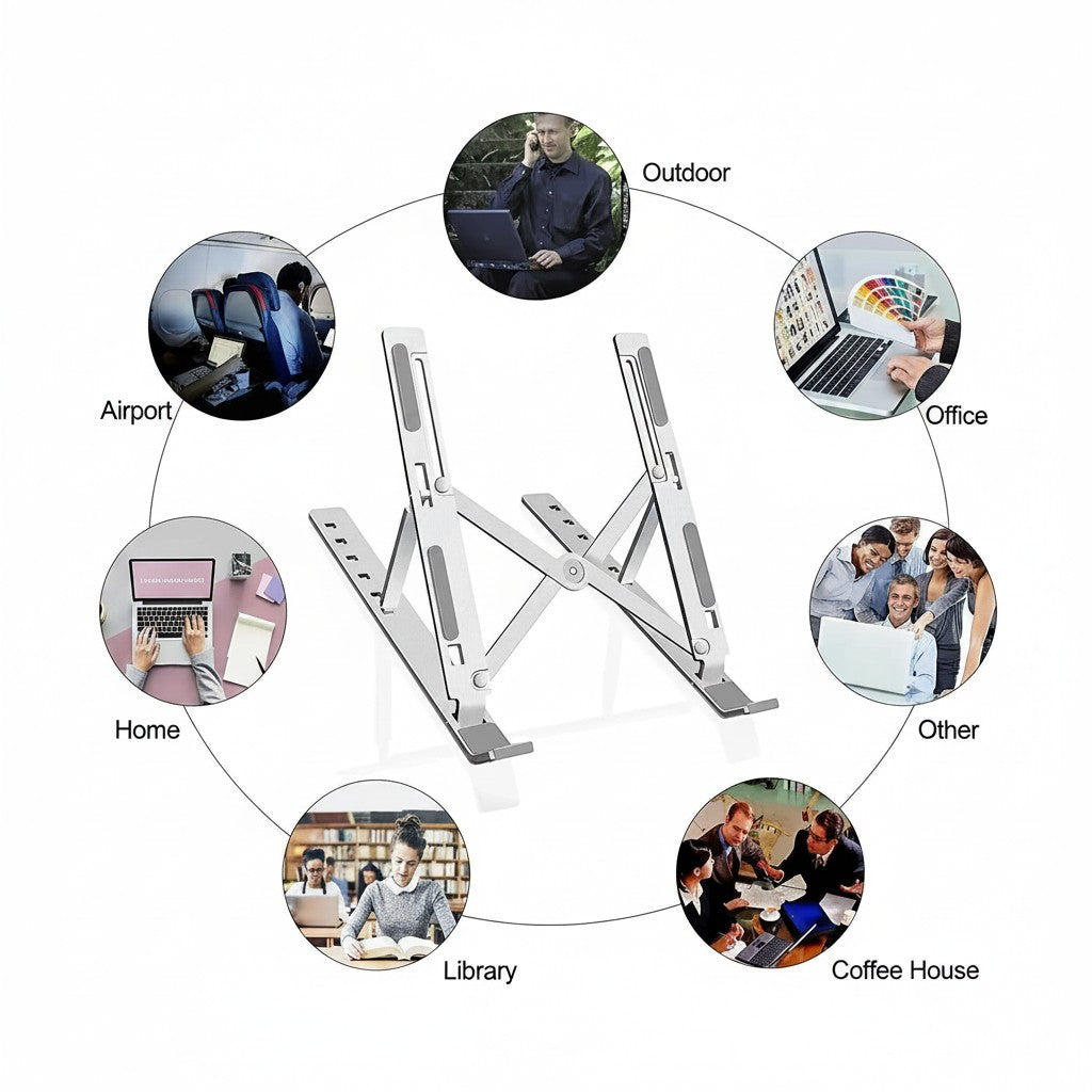 Clairly ergonomic aluminium laptop stand with adjustable angles, shown in various work environments and travel settings.