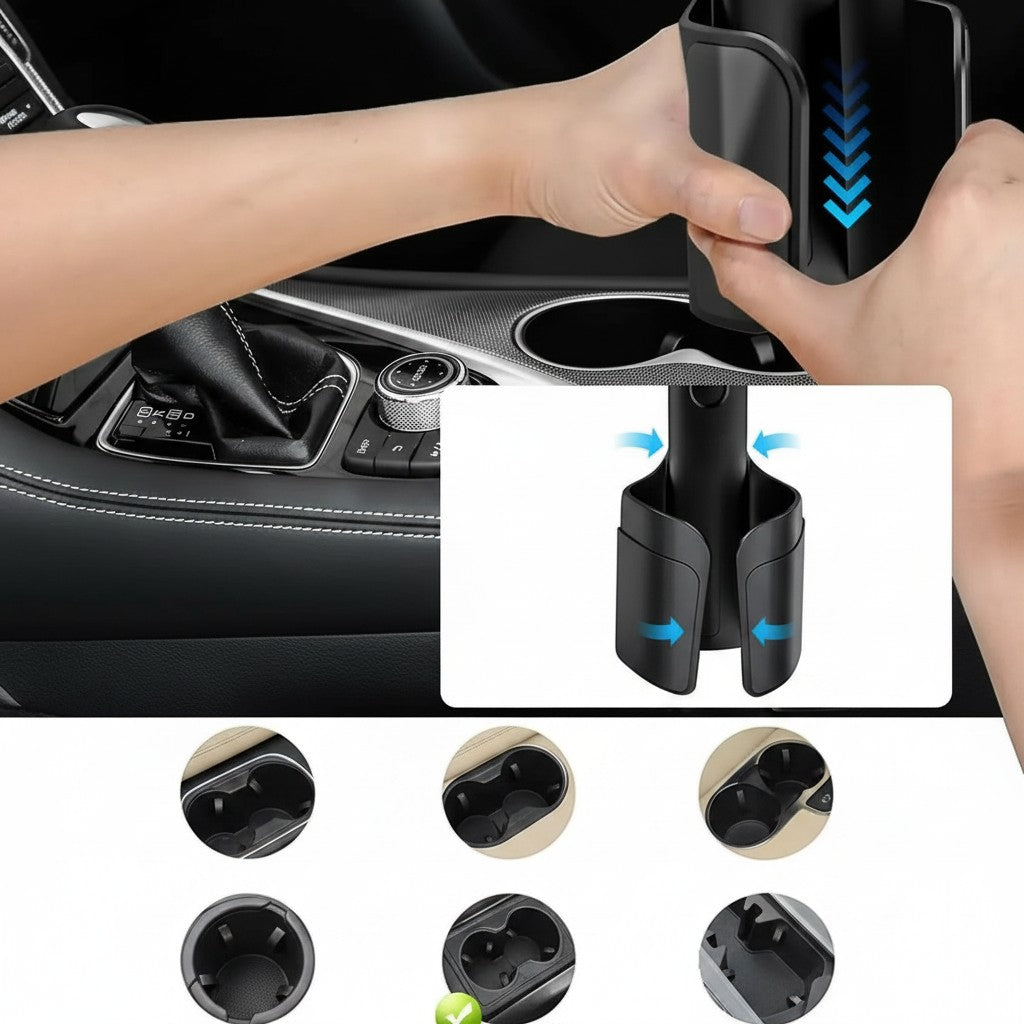 Clairly adjustable black cup holder phone mount base being installed into a car console cup holder.