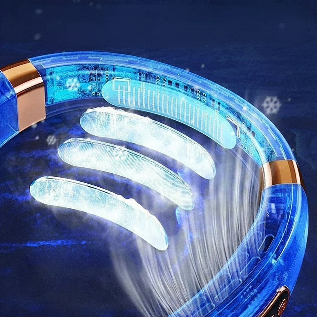 Clairly hands-free bladeless neck fan with blue translucent casing and ice-porcelain cooling chips for chilled airflow