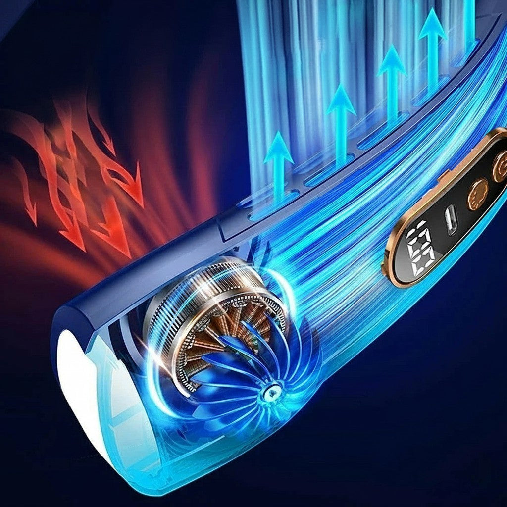 Clairly hands-free bladeless neck fan with ice-porcelain cooling chips, LED display, and adjustable airflow settings.