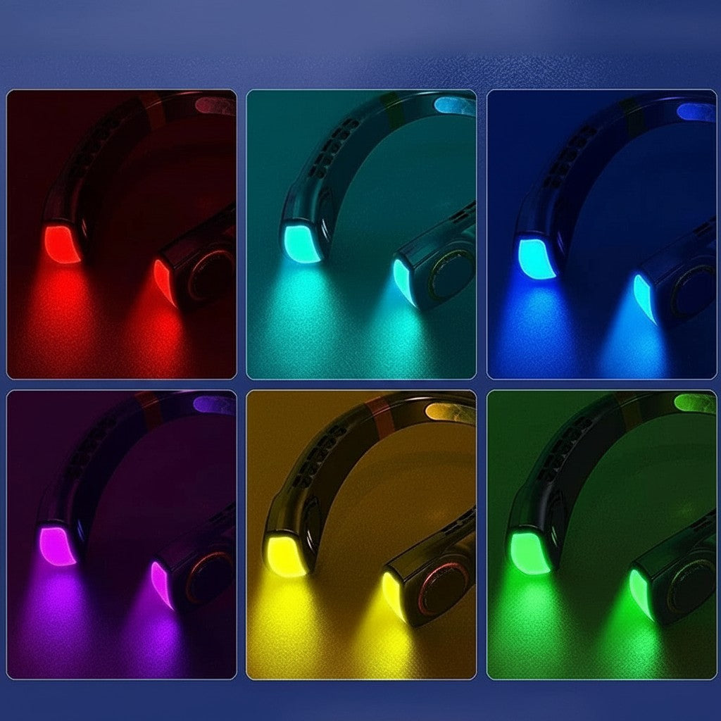 Clairly hands-free bladeless neck fan showing six different vibrant LED light colour settings for cooling comfort