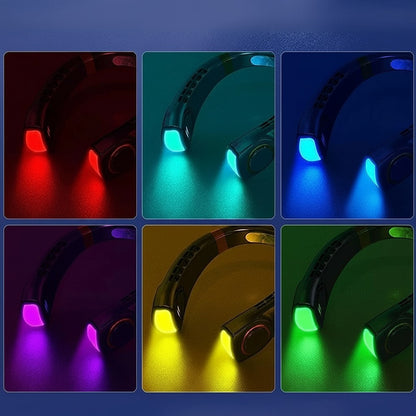 Clairly hands-free bladeless neck fan showing six different vibrant LED light colour settings for cooling comfort
