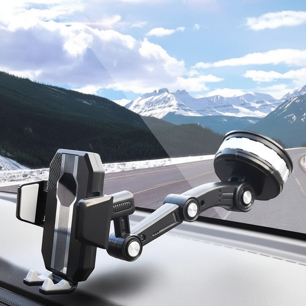 Clairly car phone holder with extendable arm and suction cup mount attached to a dashboard against a mountain road view