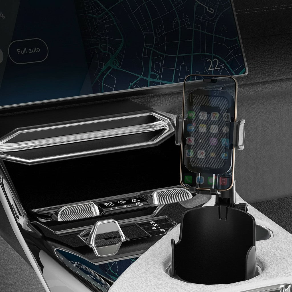 Clairly long neck cup holder phone mount installed in a car console with a smartphone secured in the adjustable grip