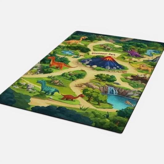 Clairly dinosaur jungle play mat with illustrated volcano and paths, displayed on grass near a camping tent.