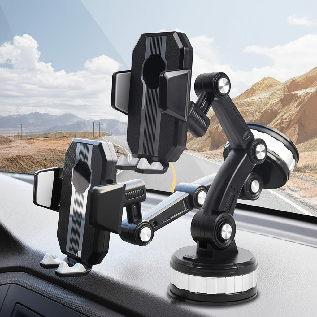 Clairly black extendable car phone holder with suction cup base and 360-degree rotating arm mounted on a dashboard.