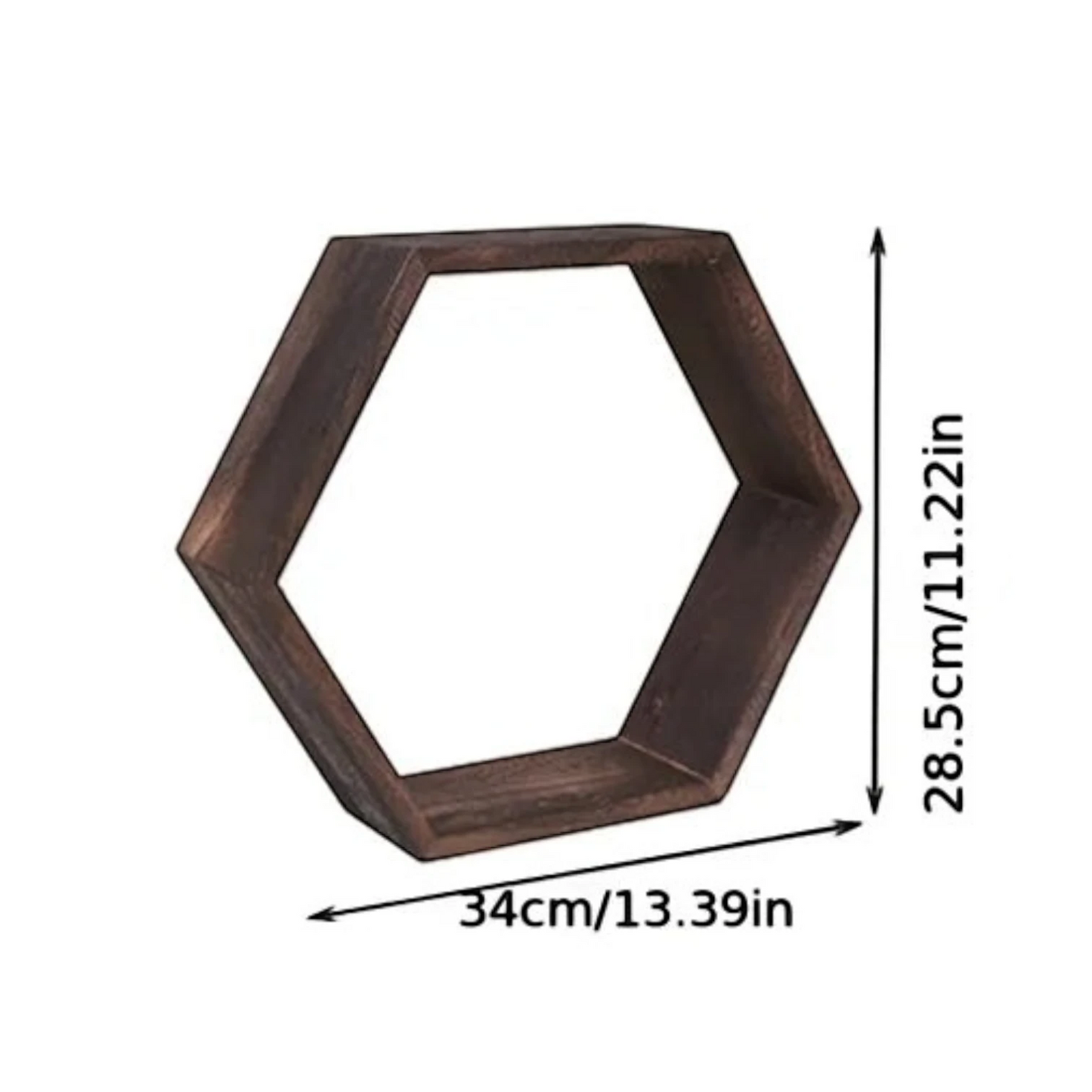 Clairly dark brown solid wood hexagon floating wall shelf with dimensions shown for home decor display