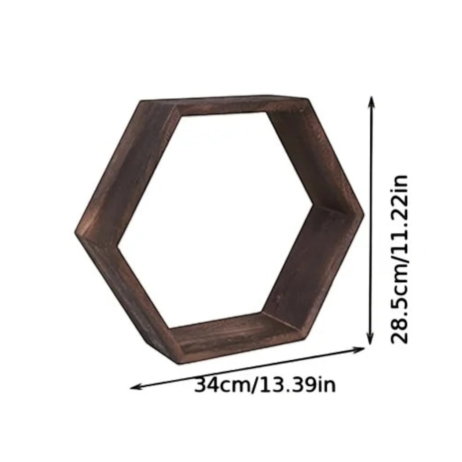 Clairly dark brown solid wood hexagon floating wall shelf with dimensions shown for home decor display