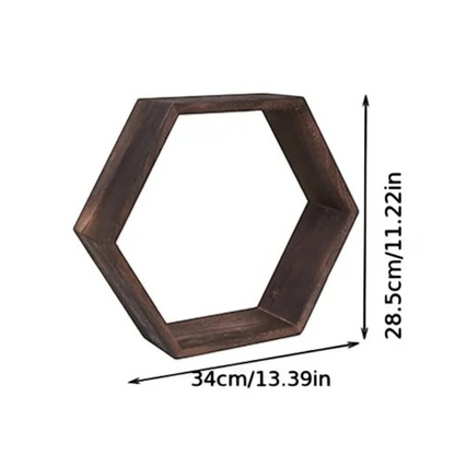 Clairly dark brown solid wood hexagon floating wall shelf with dimensions shown for home decor display