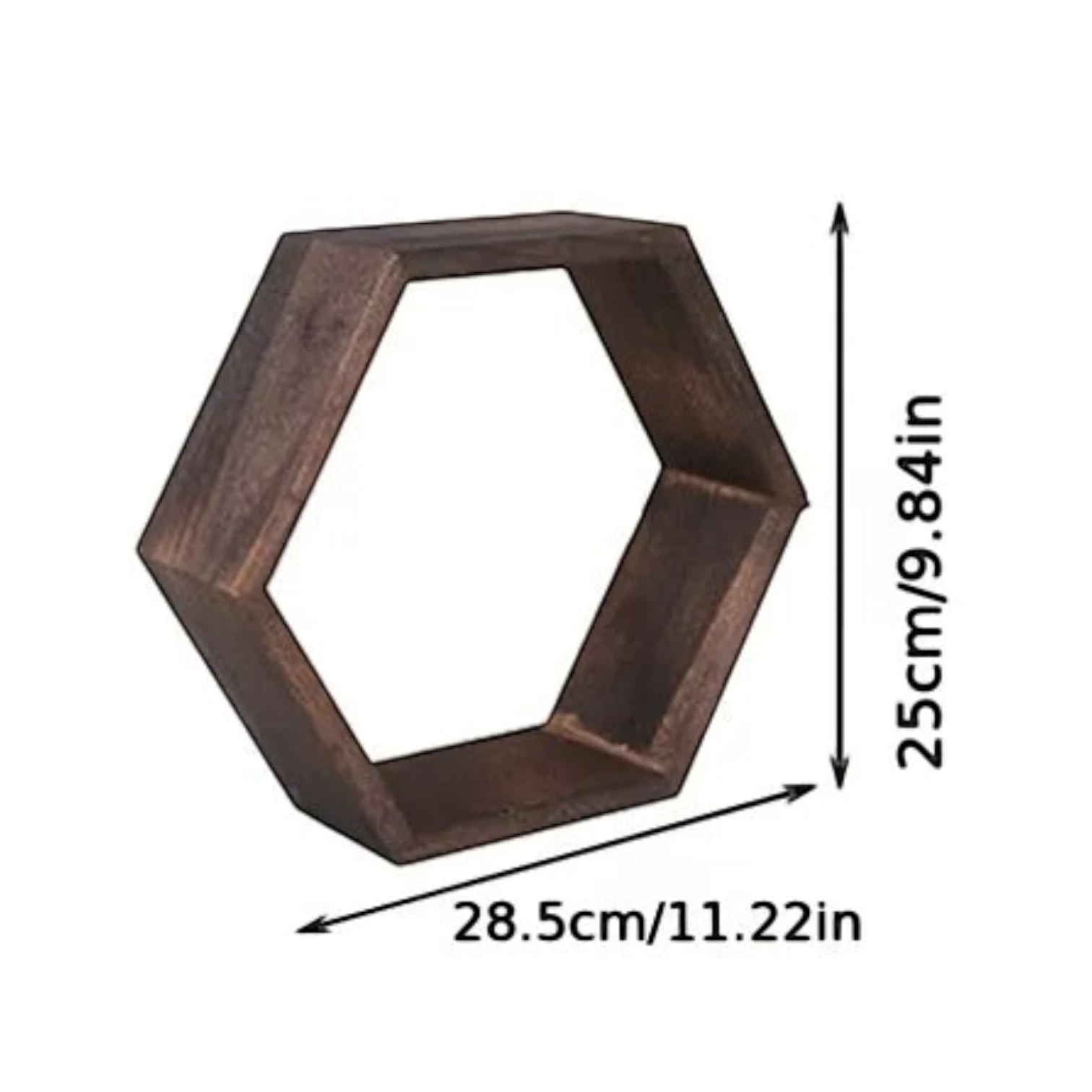 Clairly dark brown solid wood hexagonal floating wall shelf with dimensions shown for home decor display
