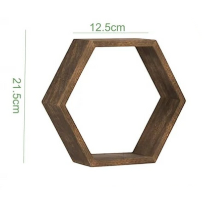 Clairly solid wood hexagon floating wall shelf with dimensions shown for home decor display