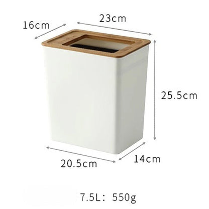 Clairly Japanese style white trash can with a bamboo-effect lid and square design for minimalist home decor.
