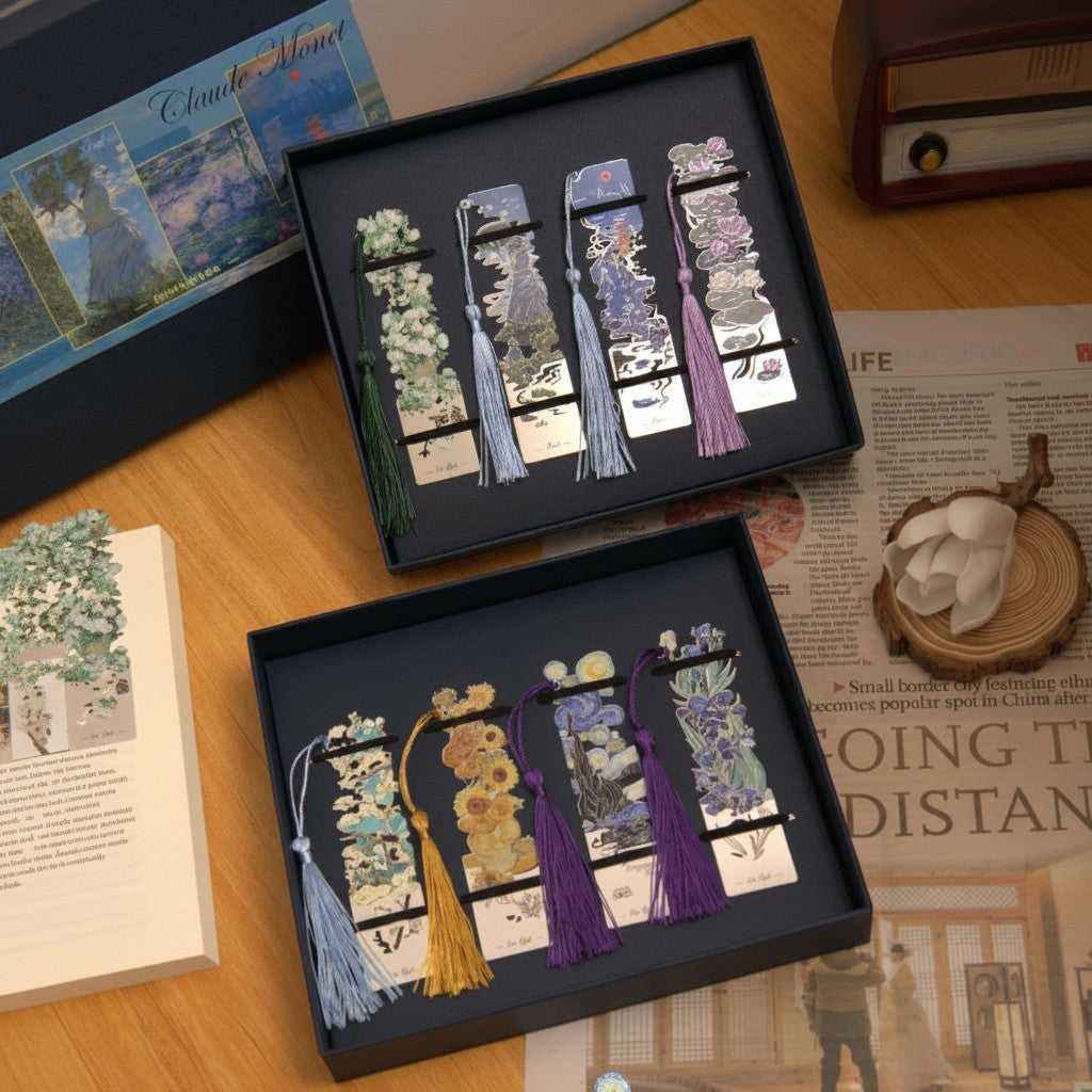 Clairly metal bookmarks featuring classic oil paintings and colourful tassels in a gift box set
