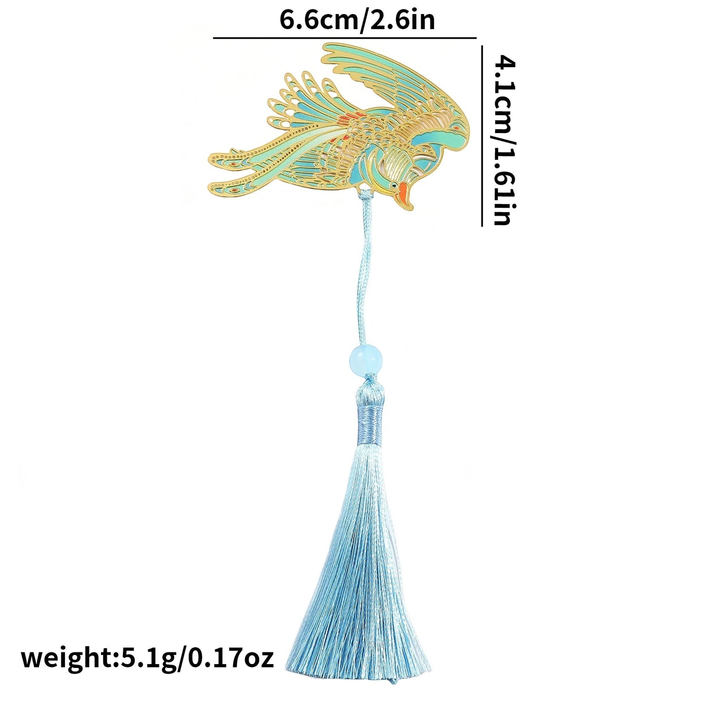 Clairly phoenix enamel bookmark in gold and light blue with a matching silk tassel and bead detail