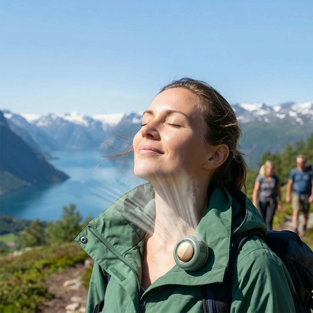 Clairly portable clip-on neck fan in sage green worn by a woman hiking outdoors with a scenic mountain lake background.