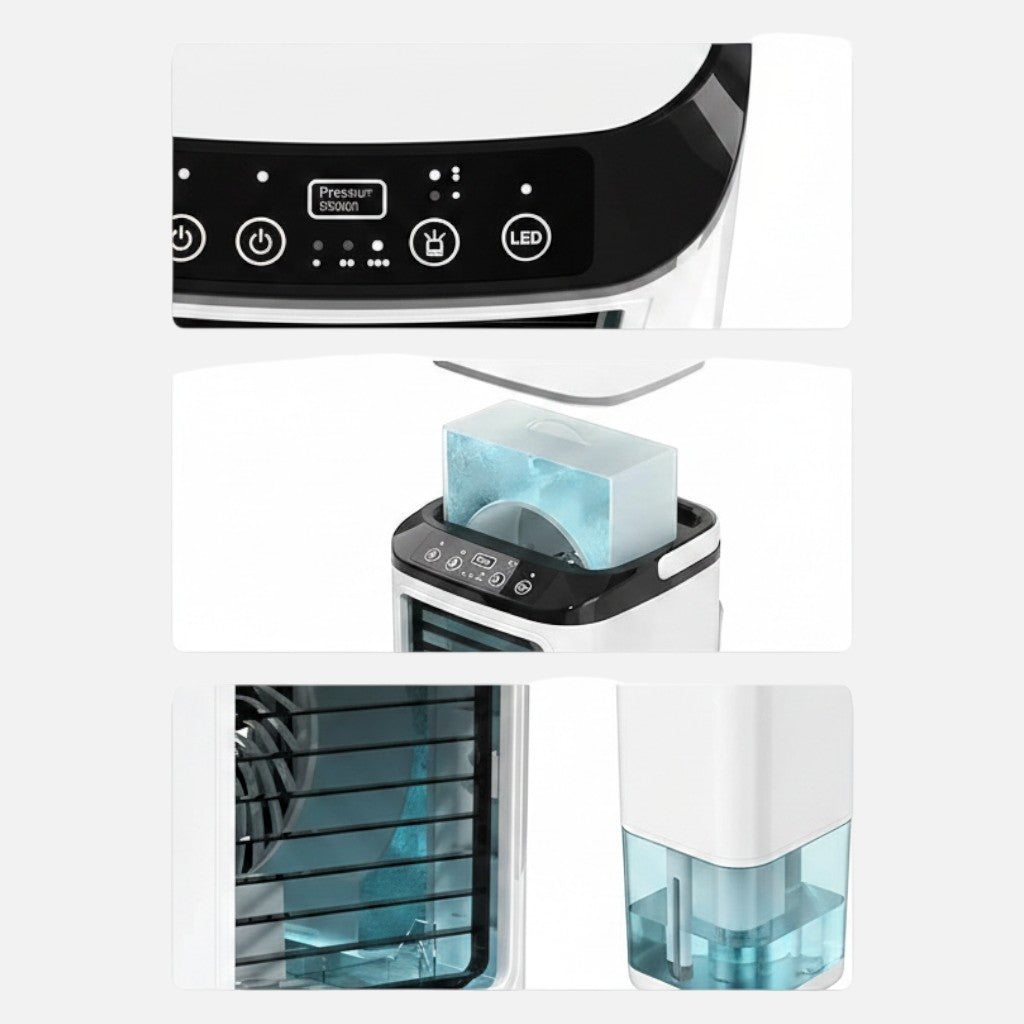 Clairly portable humidifier and cooling fan with touch control panel, water tank, and adjustable mist settings.