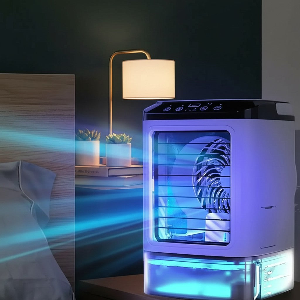 Clairly portable humidifier and cooling fan with blue mist effect on a bedside table for restful sleep